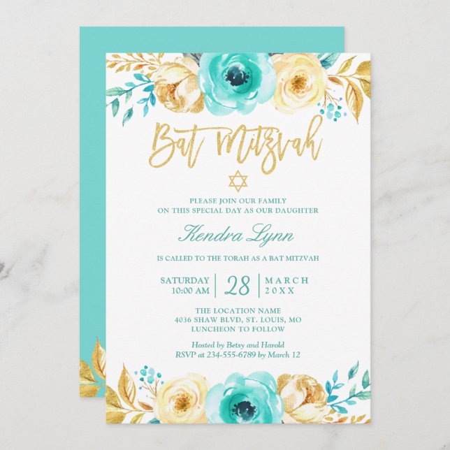 Convites Bat Mitzvah | Turquoise Mint Floral Dourado (Frente/Verso)