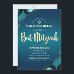 Convites Bat Mitzvah Turquoise Ombre Agate Chic Dourado<br><div class="desc">Tenha orgulho, alegria e mostre este marco do seu Bat Mitzvah favorito! Enviar este convite legal, único, moderno e personalizado para um evento que se lembre. Tipografia de folha de ouro falsa, tipografia de sans serif branca, e uma estrela de ouro falsa de David sobrepõem um fundo azul-azul-turquesa profundo com...</div>