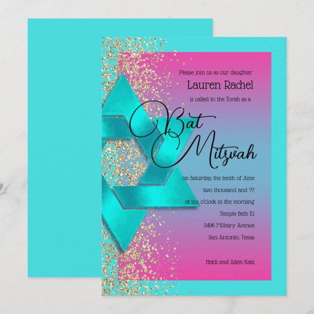 Convites Bat Mitzvah Turquoise Ombre Faux Dourada Glitter (Frente/Verso)