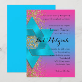 Convites Bat Mitzvah Turquoise Ombre Faux Dourada Glitter