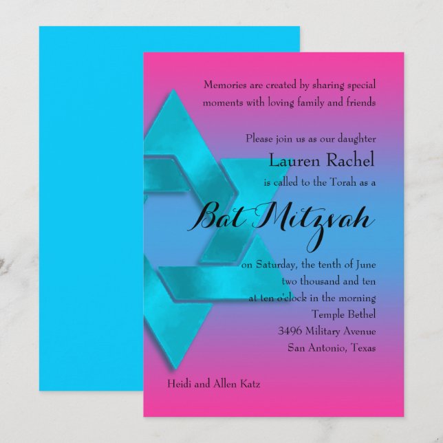 Convites Bat Mitzvah Turquoise para o Ombre Rosa com Estrel (Frente/Verso)