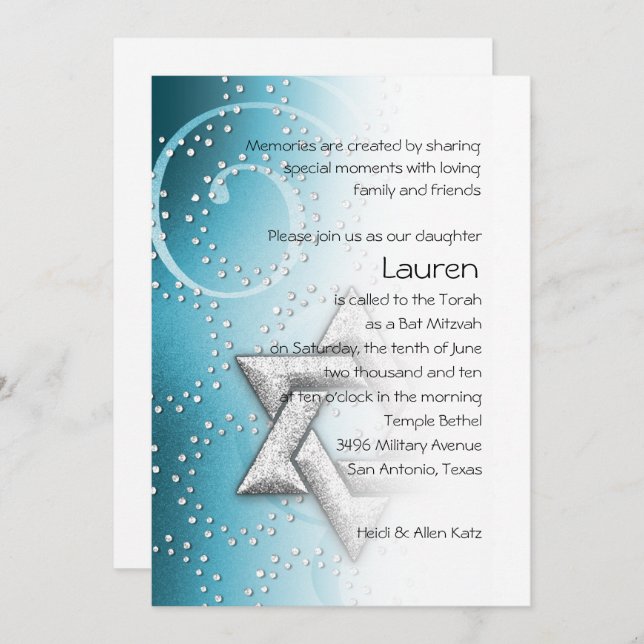 Convites Bat Mitzvah Turquoise Shimmer Star de David (Frente/Verso)