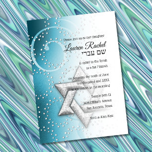 Convites Bat Mitzvah Turquoise Shimmer Star de David
