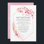 Convites Bat Mitzvah, uma flor de cereja rosa geométrica<br><div class="desc">O convite do primavera mitzvah floral cor d'água cor rosa apresenta sakura blossom com quadro geométrico dourado personalizável de acordo com as especificações do seu evento.</div>
