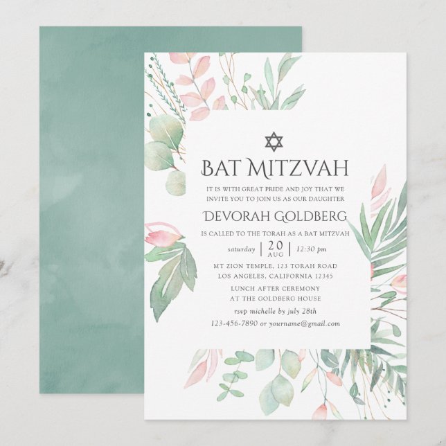 Convites Bat Mitzvah Verde Pastel Rosa (Frente/Verso)