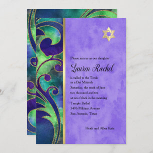 Convites Bat Mitzvah Verde Roxo Cor das Águas Douradas