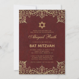 Convites Bat Mitzvah Vintage Elegante Borgonha Vermelha Dou