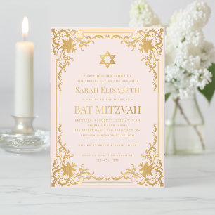 Convites Bat Mitzvah Vintage Rosa Estrela de Ouro Falso Rel