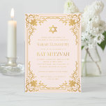 Convites Bat Mitzvah Vintage, Rosa Falso, Religião Dourada<br><div class="desc">Este elegante convite mitzvah, cor-de-rosa e dourado, com ar vintage, tem um quadro de ornamentado falso de folha de ouro com decorações elegantes de ouro barroco, num fundo cor-de-rosa pincelado. Acima do texto há uma estrela de David em folha de ouro falso. Exceto a ocasião "Bat Mitzvah", que também está...</div>