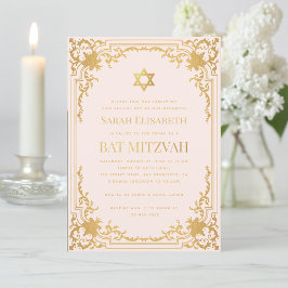 Convites Bat Mitzvah Vintage, Rosa Falso, Religião Dourada