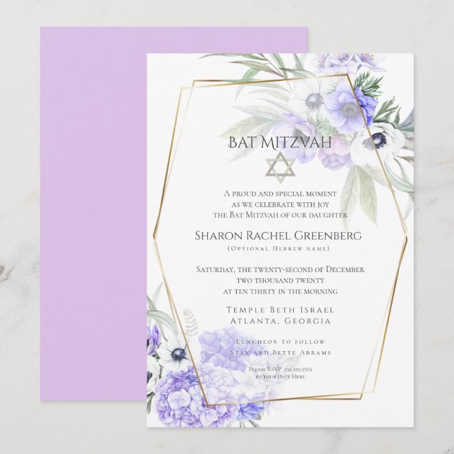 Convites BAT MITZVAH | Violet Anemone Floral Verso 2 (Frente/Verso)