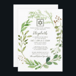 Convites Bat Mitzvah Watercolor - Estrela da Folhagem Verde<br><div class="desc">Design é composto por uma delicada folha verde de cor aquosa com uma estrela simples de David sobre um simples fundo branco.
 . 

Disponível aqui:http://www.zazzle.com/store/selectpartysupplies</div>