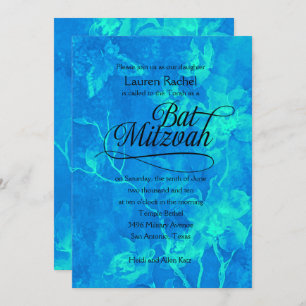 Convites Bat Mitzvah Watercolor Flowers Aqua e Turquoise