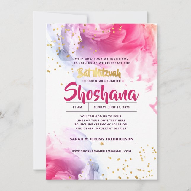 Convites Bat Mitzvah Watercolor - Rosa e Dourado (Frente)
