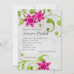 Convites Bat Mitzvah Watercolor Star Design Floral Rosa