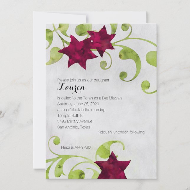 Convites Bat Mitzvah Watercolor Star Design Vermelho (Frente)