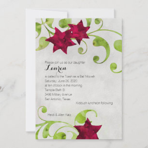 Convites Bat Mitzvah Watercolor Star Design Vermelho