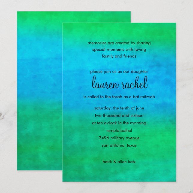 Convites Bat Mitzvah Watercolor Streaks (Frente/Verso)