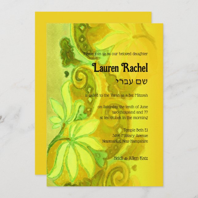 Convites Bat Mitzvah Yellow Green Floral Watercolor (Frente/Verso)