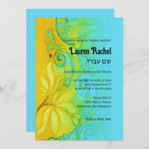 Convites Bat Mitzvah Yellow Turquoise Blue Bohemian Floral