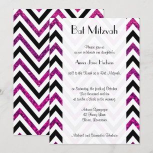 Convites Bat Mitzvah - Zigzag, Chevron, Glitter - Rosa
