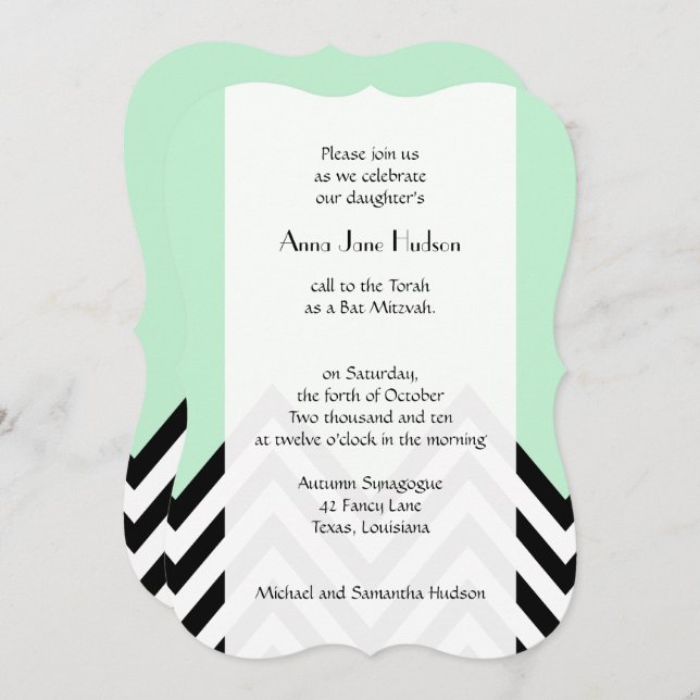 Convites Bat Mitzvah - Zigzag, Chevron - Mint Green, Preto (Frente/Verso)
