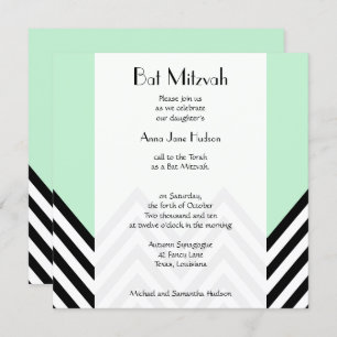 Convites Bat Mitzvah - Zigzag, Chevron - Mint Green, Preto