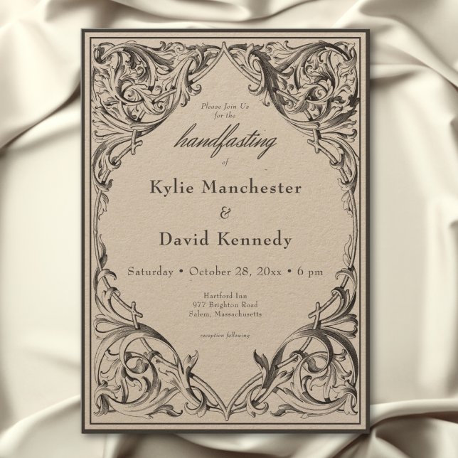 Convites Bat Vitoriano Até A Morte Preto e Manipulador (Victorian Bat Until Death Black & Tan Handfasting Invitation)