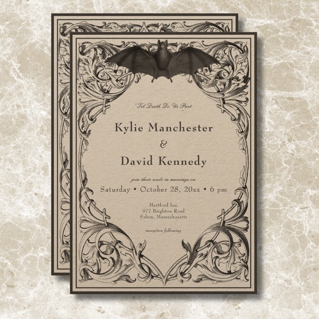 Convites Bat Vitoriano Até Casamento Negro e Tan Mortal (Victorian Bat Until Death Black & Tan Wedding Invitation)
