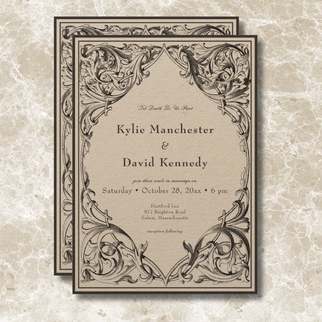 Convites Bat Vitoriano Até Casamento Negro e Tan Mortal (Victorian Bat Until Death Black & Tan Wedding Invitation)