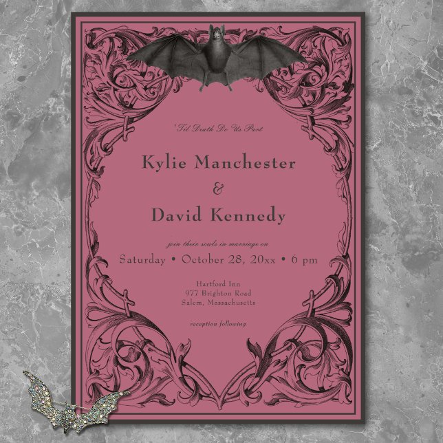 Convites Bat Vitoriano Até Casamento Negro e Vinho da Morte (Victorian Bat Until Death Black & Wine Wedding Invitation)