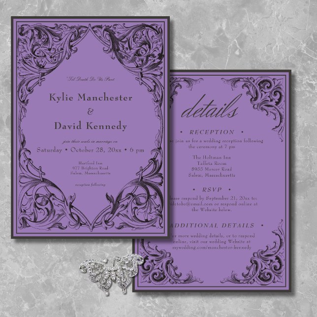 Convites Bat Vitoriano Até Morte Preto e Púrpura Dois Lados (Victorian Bat Until Death Black & Purple Two Sided Invitation)