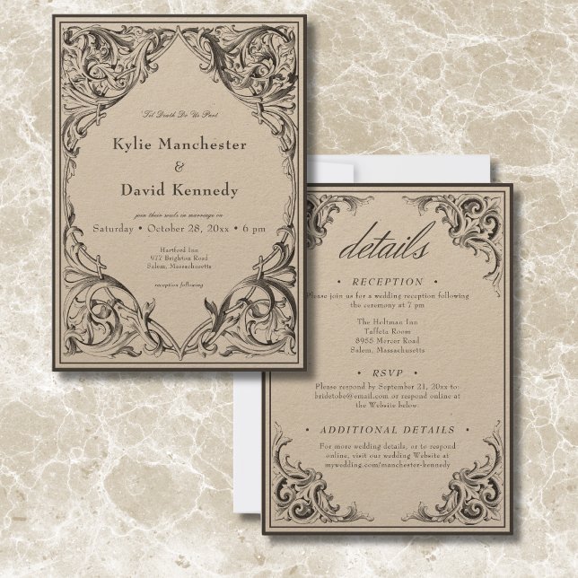 Convites Bat Vitoriano Até Negro Mortal e Bronzeado Dois La (Victorian Bat Until Death Black & Tan Two Sided Invitation)