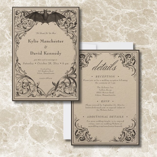 Convites Bat Vitoriano Até Negro Mortal e Bronzeado Dois La (Victorian Bat Until Death Black & Tan Two Sided Invitation)