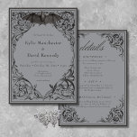 Convites Bat Vitoriano Até Negro Mortal e Cinzas Dois Lados<br><div class="desc">ESTE CONVITE É DUPLO, COM INFORMAÇÕES DE RECEPÇÃO DE CASAMENTO E RSVP NO VERSO. ESTÁ TAMBÉM DISPONÍVEL NA RECOLHA UM CONVITE TRADICIONAL DE UM SÓ LOCAL. Elevem o vosso casamento gótico com um convite de casamento unilateral inspirado na Vitoriana que exumenta elegância e mistério do eterno. Projetado para se assemelhar...</div>