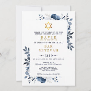 Convites Batalha Bar Mitzvah Botânica Floral Azul Marinho