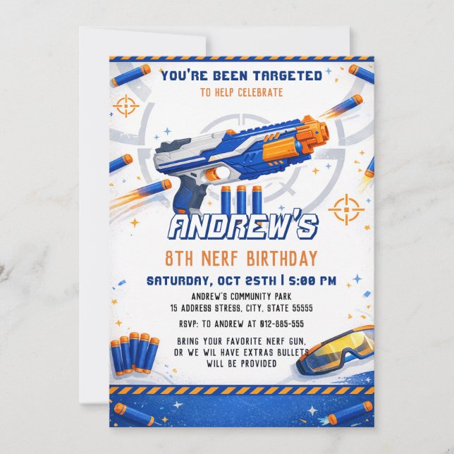 Convites Batalha de Aniversário com Blaster de Dardos Nerf  (Frente)