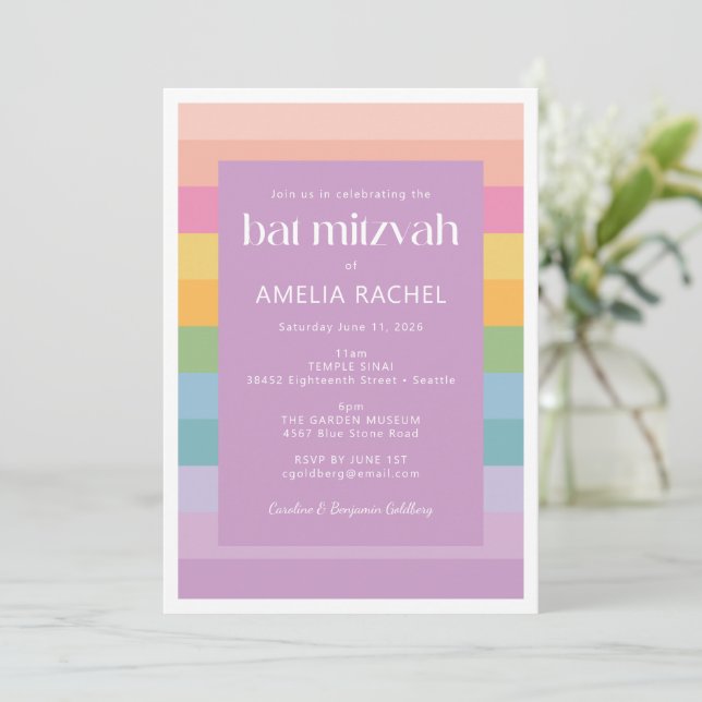 Convites Batalha de Bat Mitzvah Roxa Arco-íris de Listras P (Em pé/Frente)