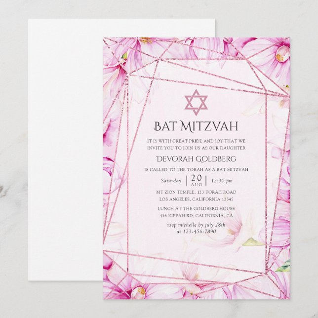 Convites Batalha de Mitzaf Ouro Rosa e Magnólia Rosa Geomét (Frente/Verso)