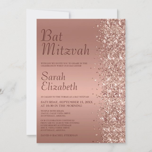 Convites Batalha de Mitzvah com Brilho em Rosa Dourado (Frente)