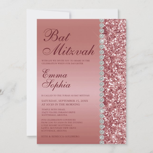 Convites Batalha de Mitzvah com Brilho em Rosa Dourado (Frente)