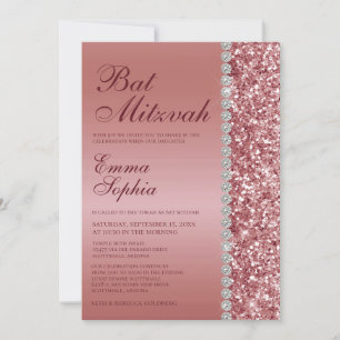 Convites Batalha de Mitzvah com Brilho em Rosa Dourado