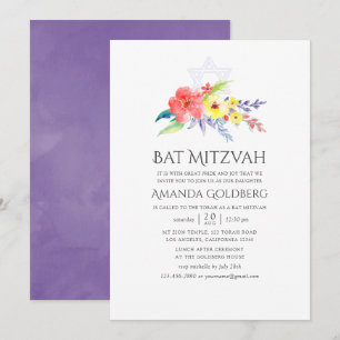 Convites Batalha de Mitzvah Floral Colorida em Aquarela