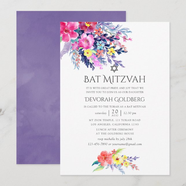 Convites Batalha de Mitzvah Floral Colorida em Aquarela (Frente/Verso)