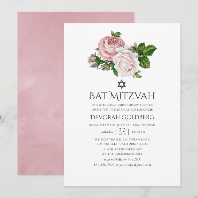 Convites Batalha de Mitzvah Floral Rosa Vintage (Frente/Verso)