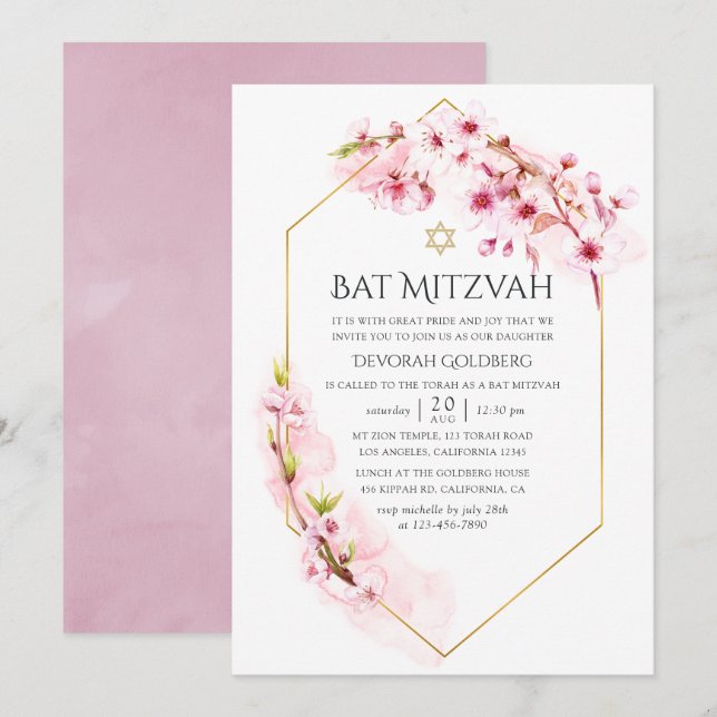 Convites Batalha de Mitzvah Geométrica Rosa Flor de Cerejei (Frente/Verso)