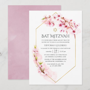 Convites Batalha de Mitzvah Geométrica Rosa Flor de Cerejei