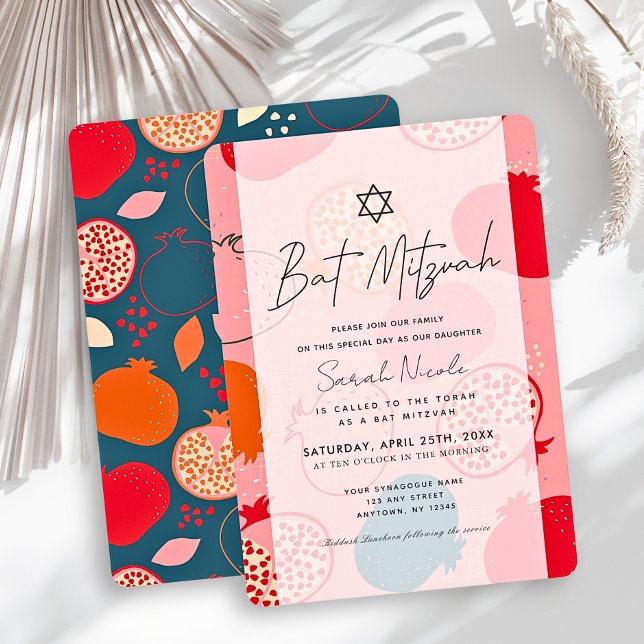 Convites Batalha do Bat Mitzvah com padrão de Romã Rosa (Criador carregado)