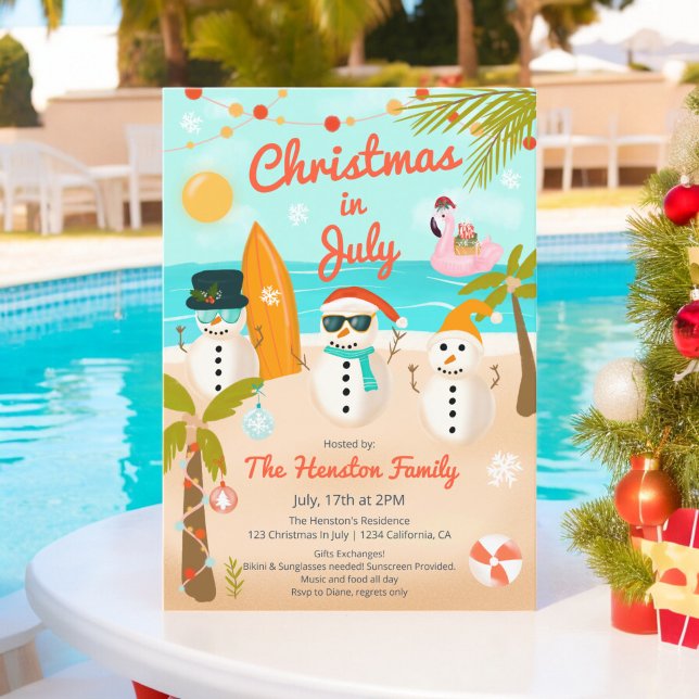 Convites Batedor de neve tropical Natal Palm Natal em julho (Tropical Snowmen floater Palm Christmas in July Invitation)