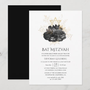 Convites Batem de Bar Mitzvah Floral Preto e Dourado Vintag